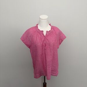 Rachel Roy Top 100% Linen Ruffle Neckline Short Sleeves Travel Resort Pink